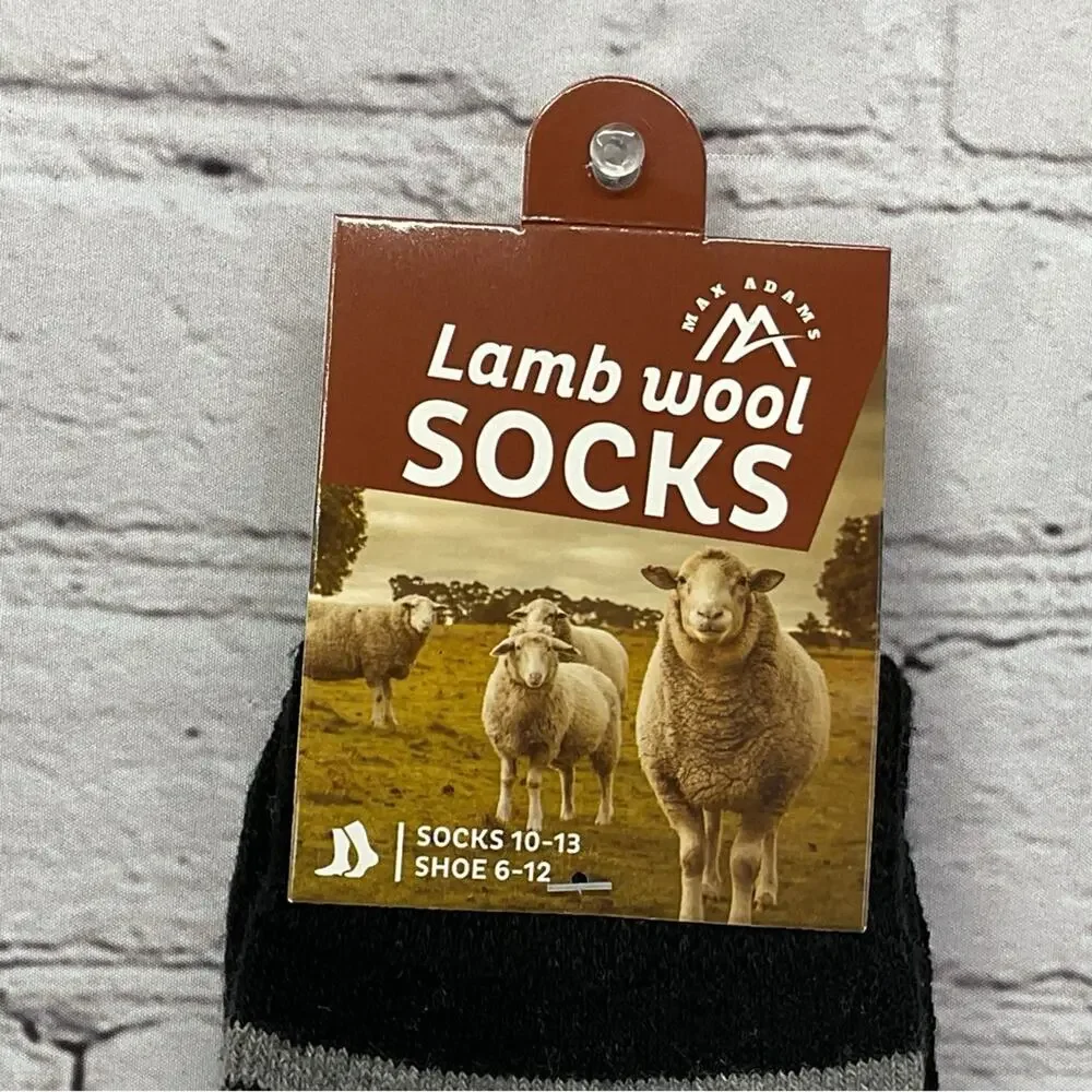 Max Adams Lamb Wool Socks Men's Size 10-13 Black/Gray Stripe Ombre 2 Pair Casual
